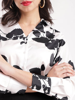 Satin Floral Shirt - White And Black