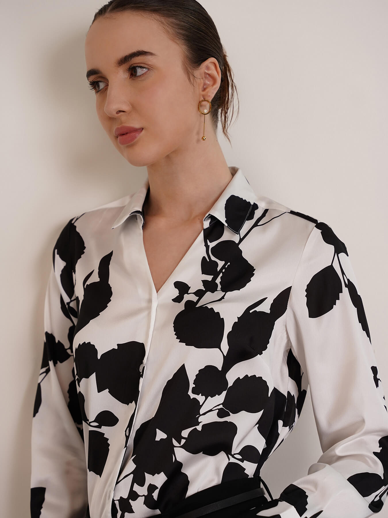 Satin Floral Shirt - White And Black