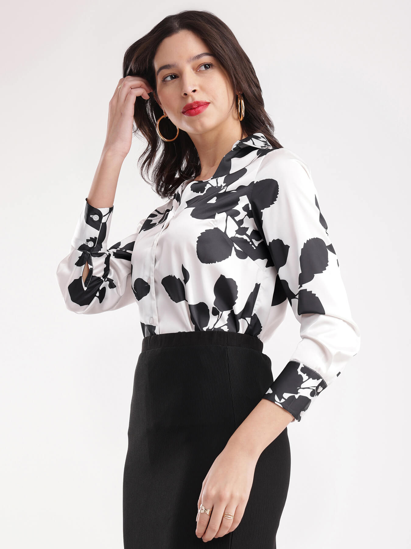 Satin Floral Shirt - White And Black