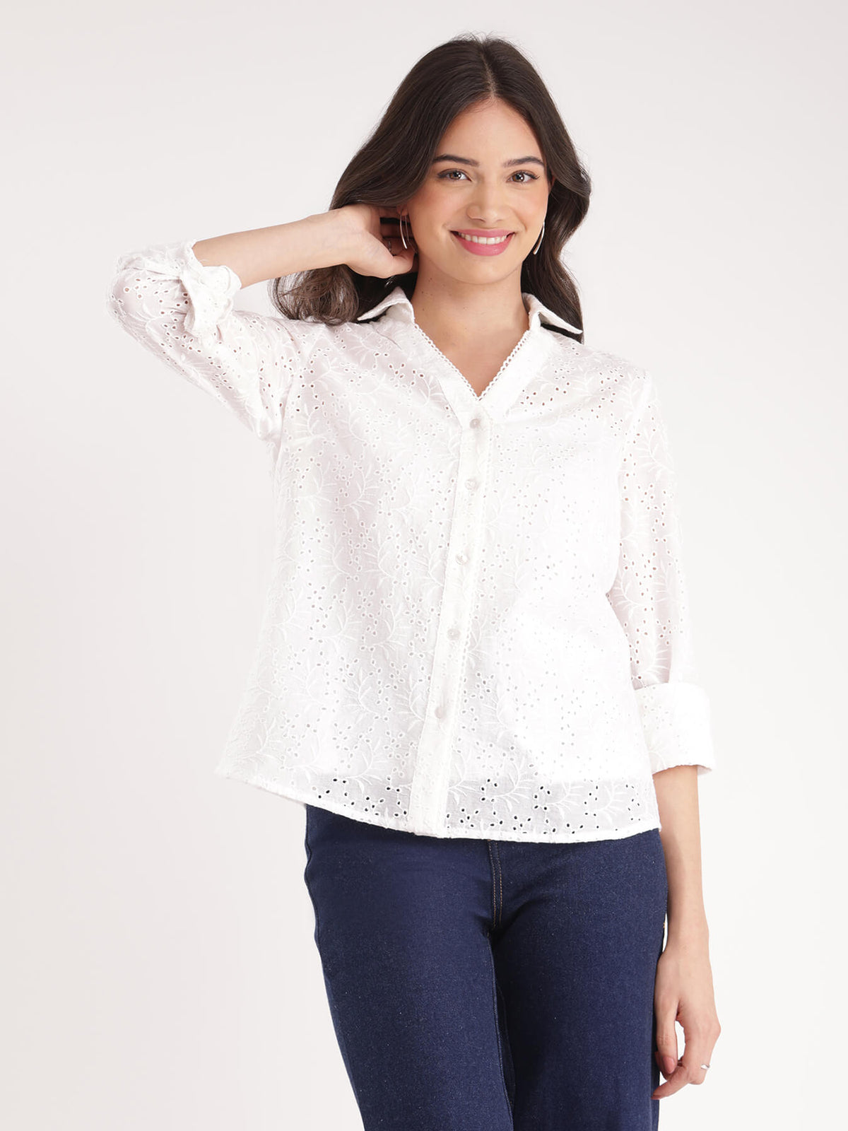 Cotton Schiffli Shirt - White