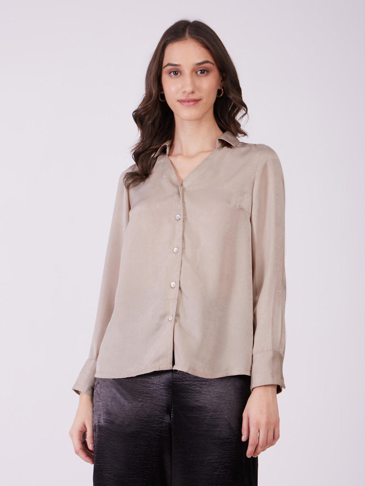 Satin Collared Neck Shirt - Beige