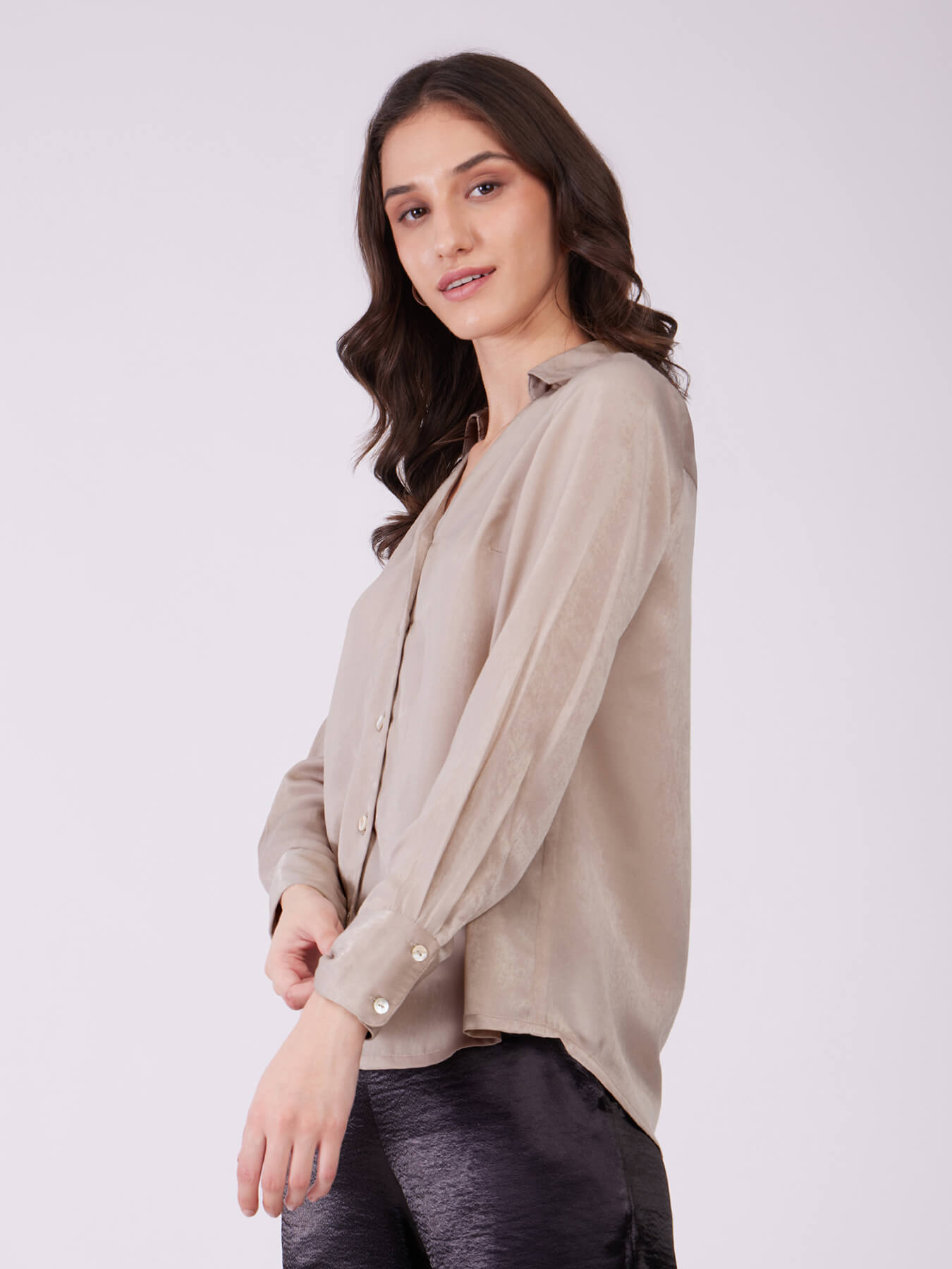 Satin Collared Neck Shirt - Beige