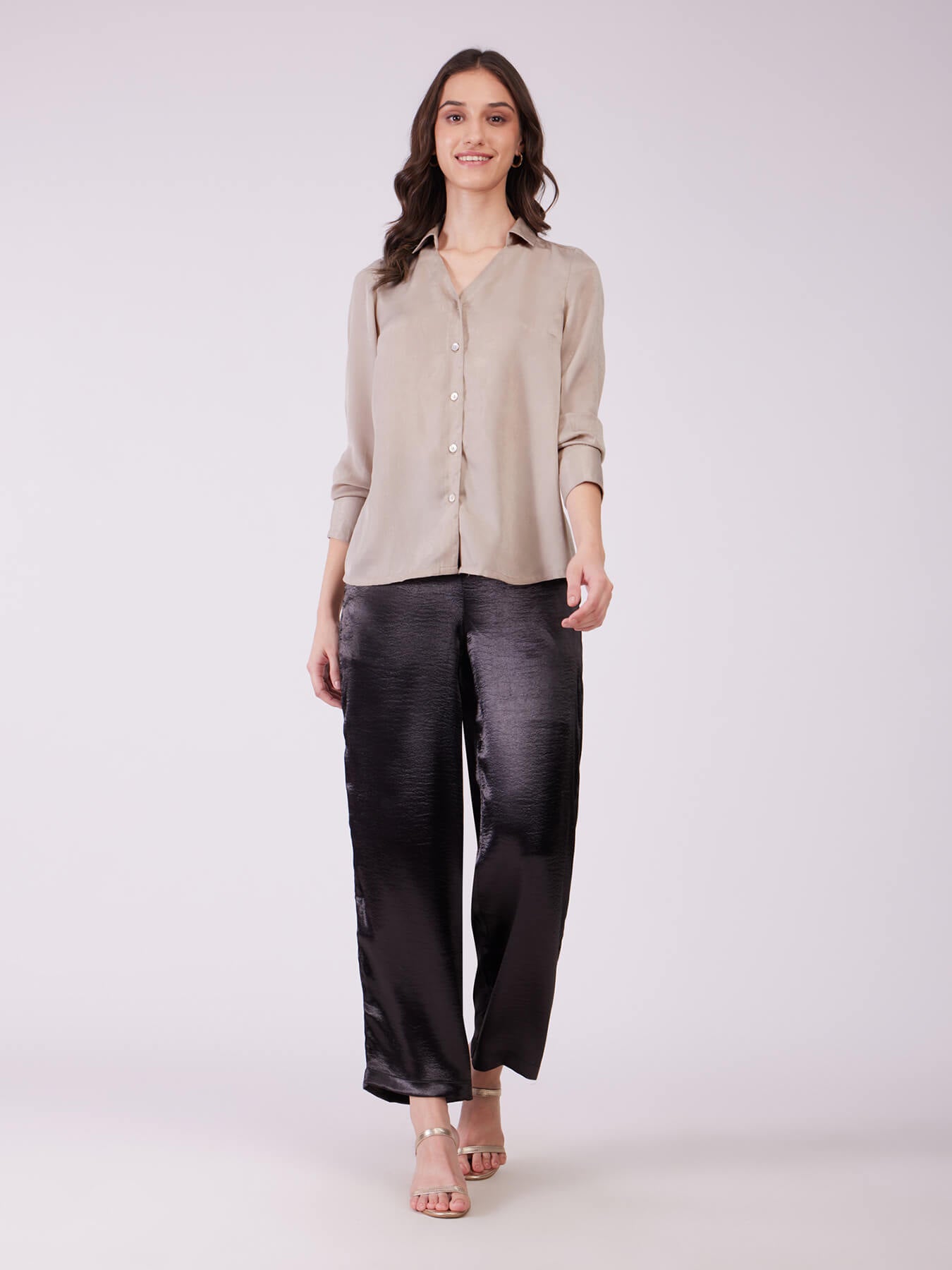 Satin Collared Neck Shirt - Beige