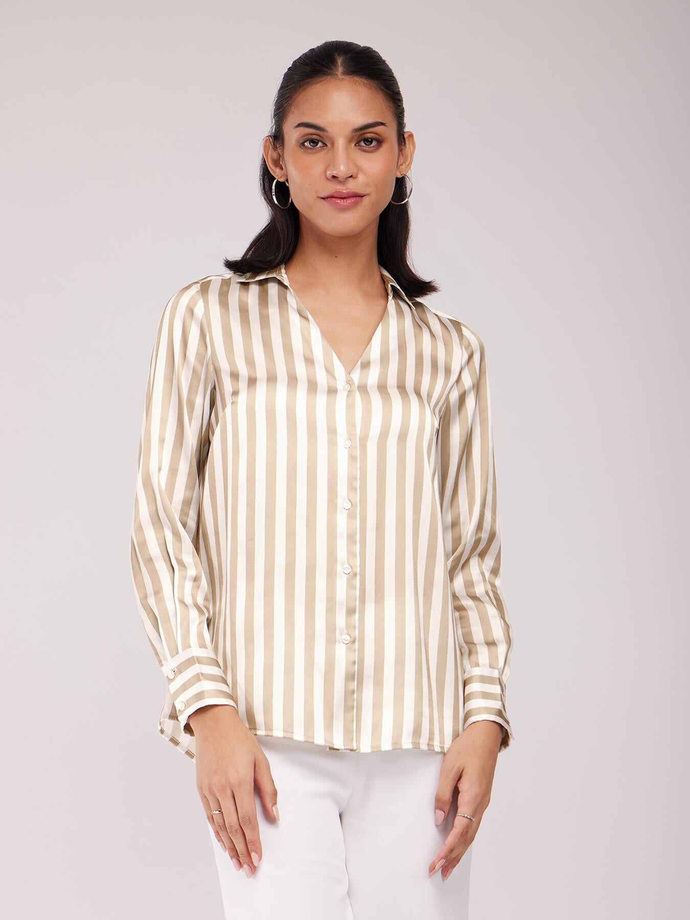 Satin Striped Shirt - Beige