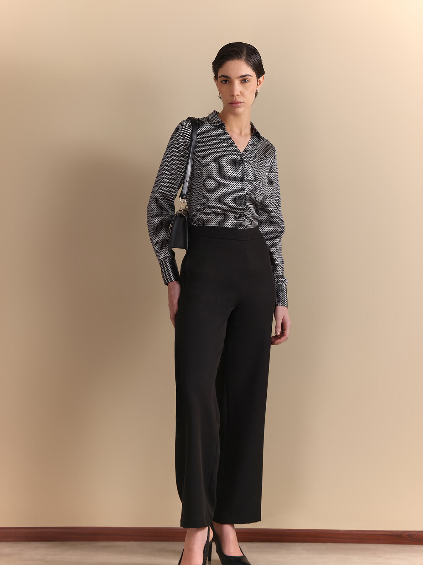 Satin Retro Print Shirt - Black