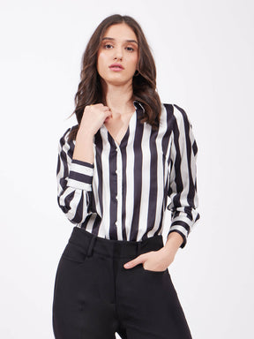 Satin Striped Shirt - Black And Off White