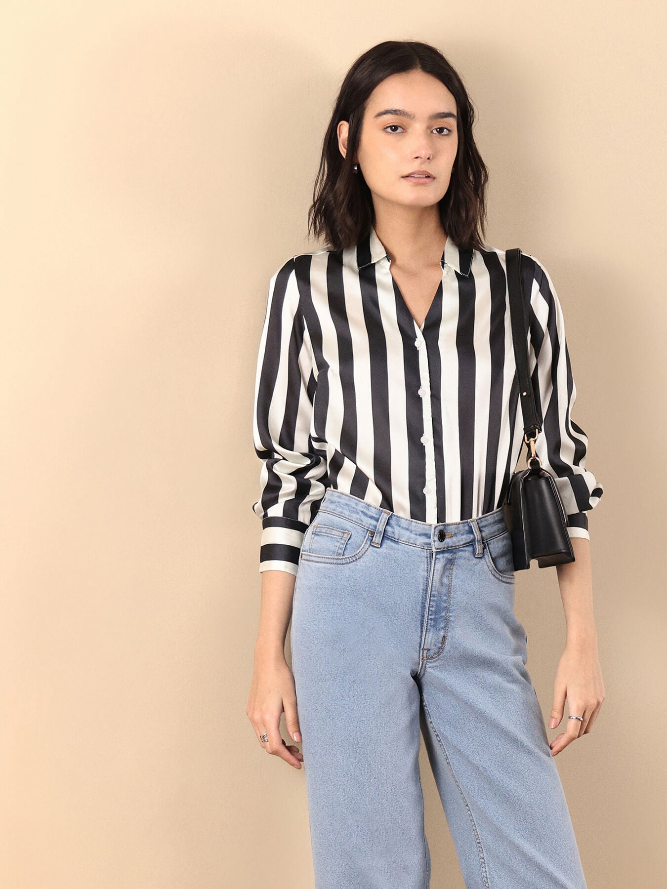 Satin Striped Shirt - Black And Off White