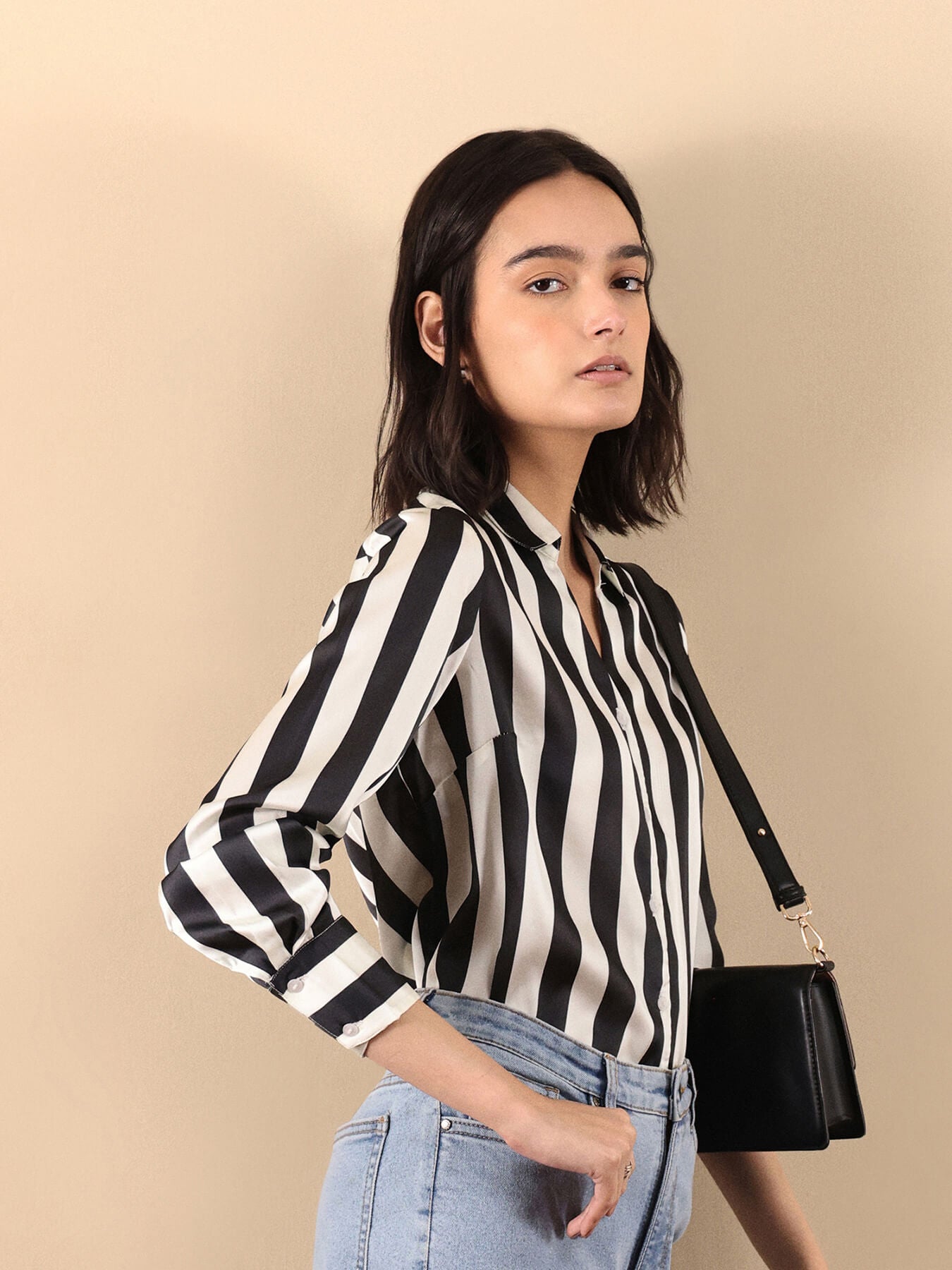 Satin Striped Shirt - Black And Off White