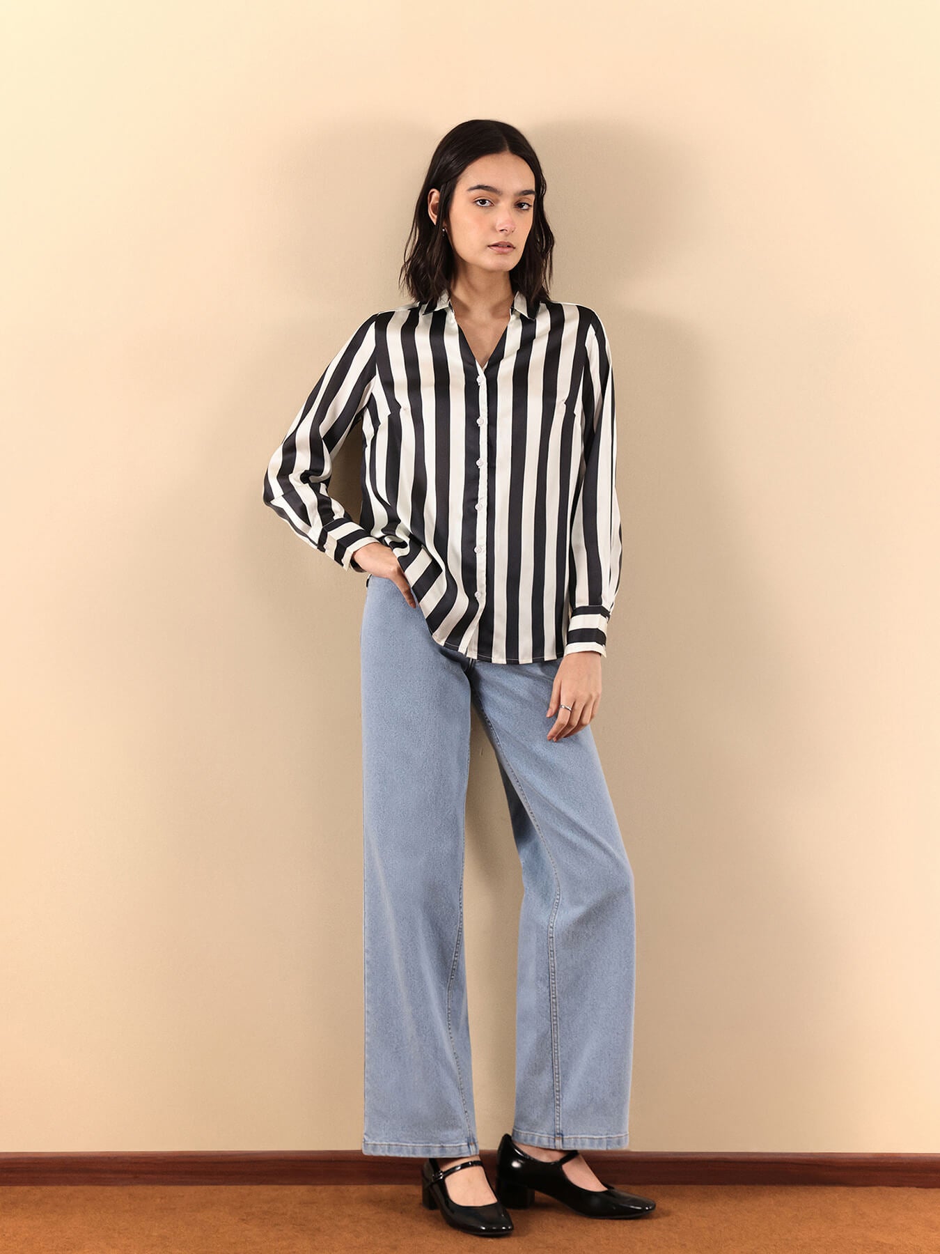 Satin Striped Shirt - Black And Off White