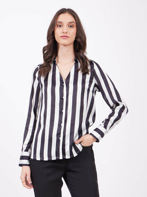 Satin Striped Shirt - Black And Off White