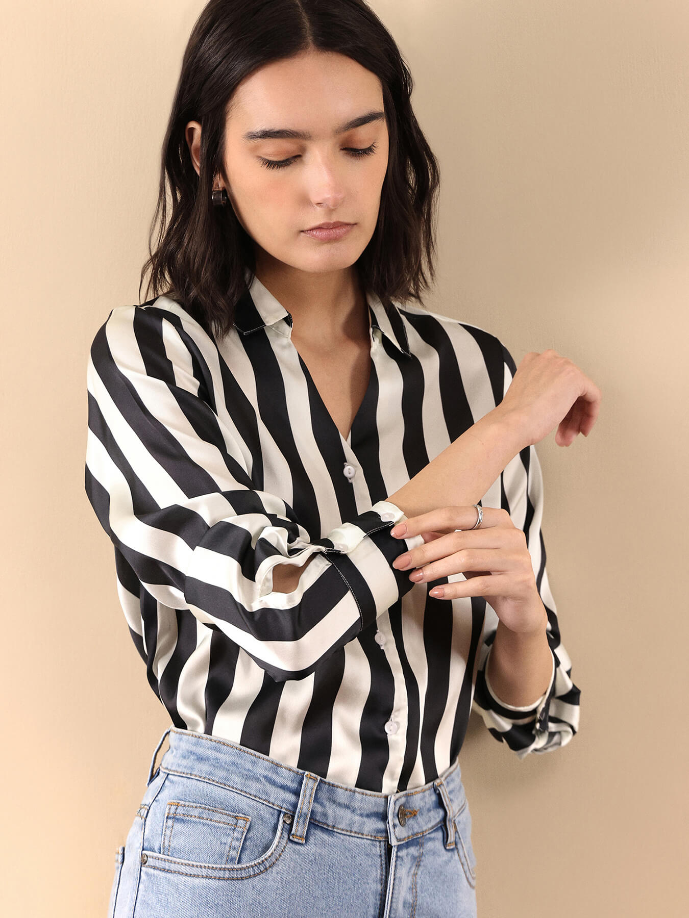 Satin Striped Shirt - Black And Off White