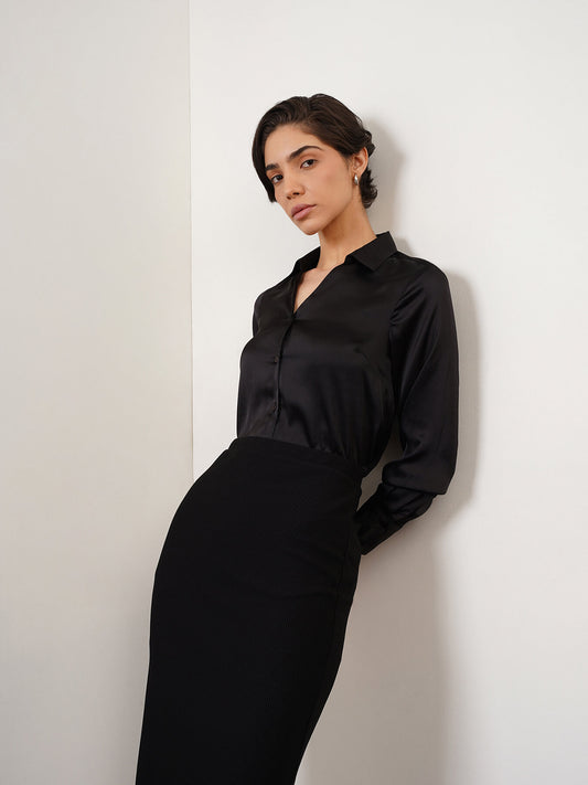 Satin Button-Down Shirt - Black
