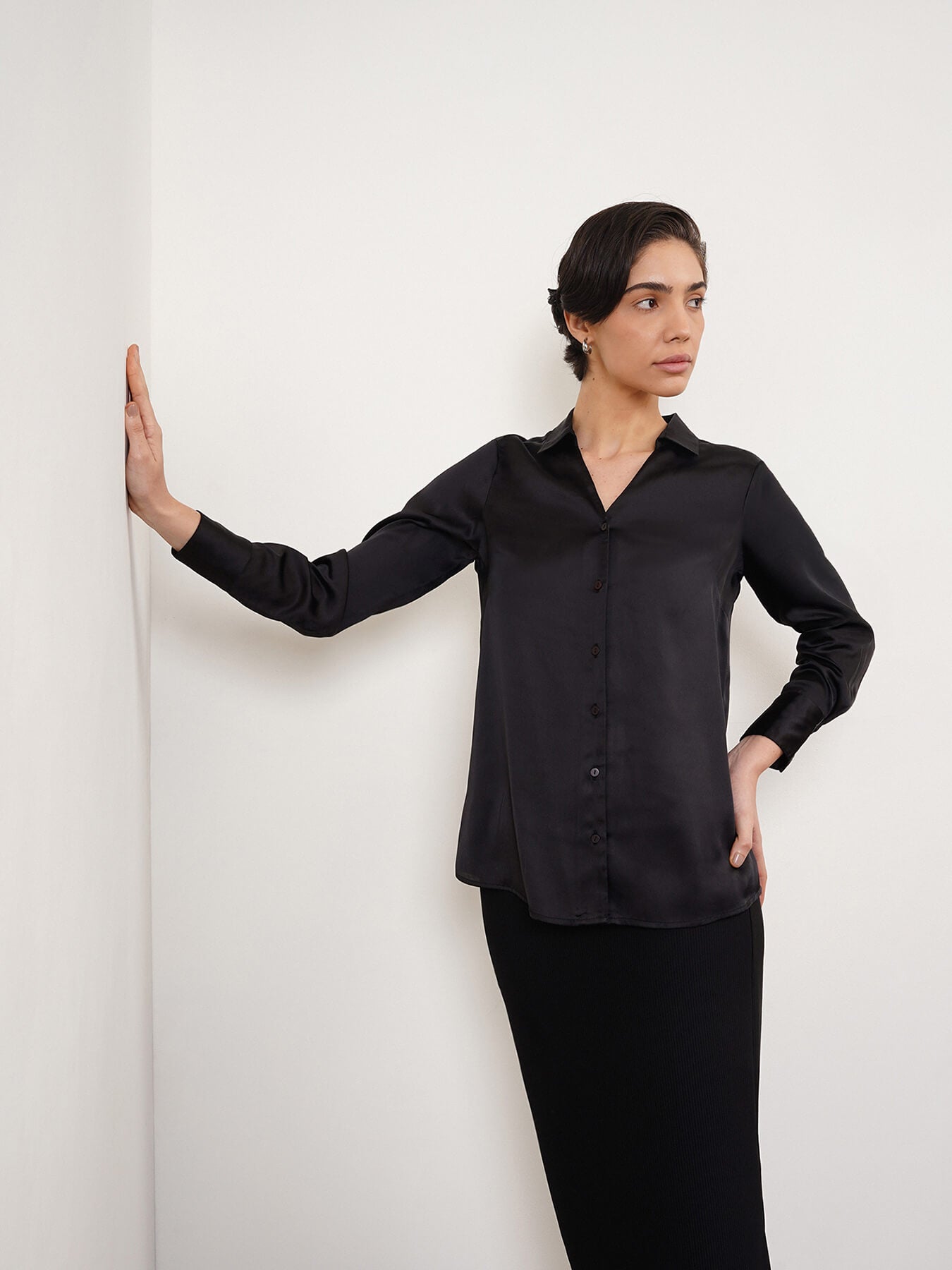 Satin Button-Down Shirt - Black