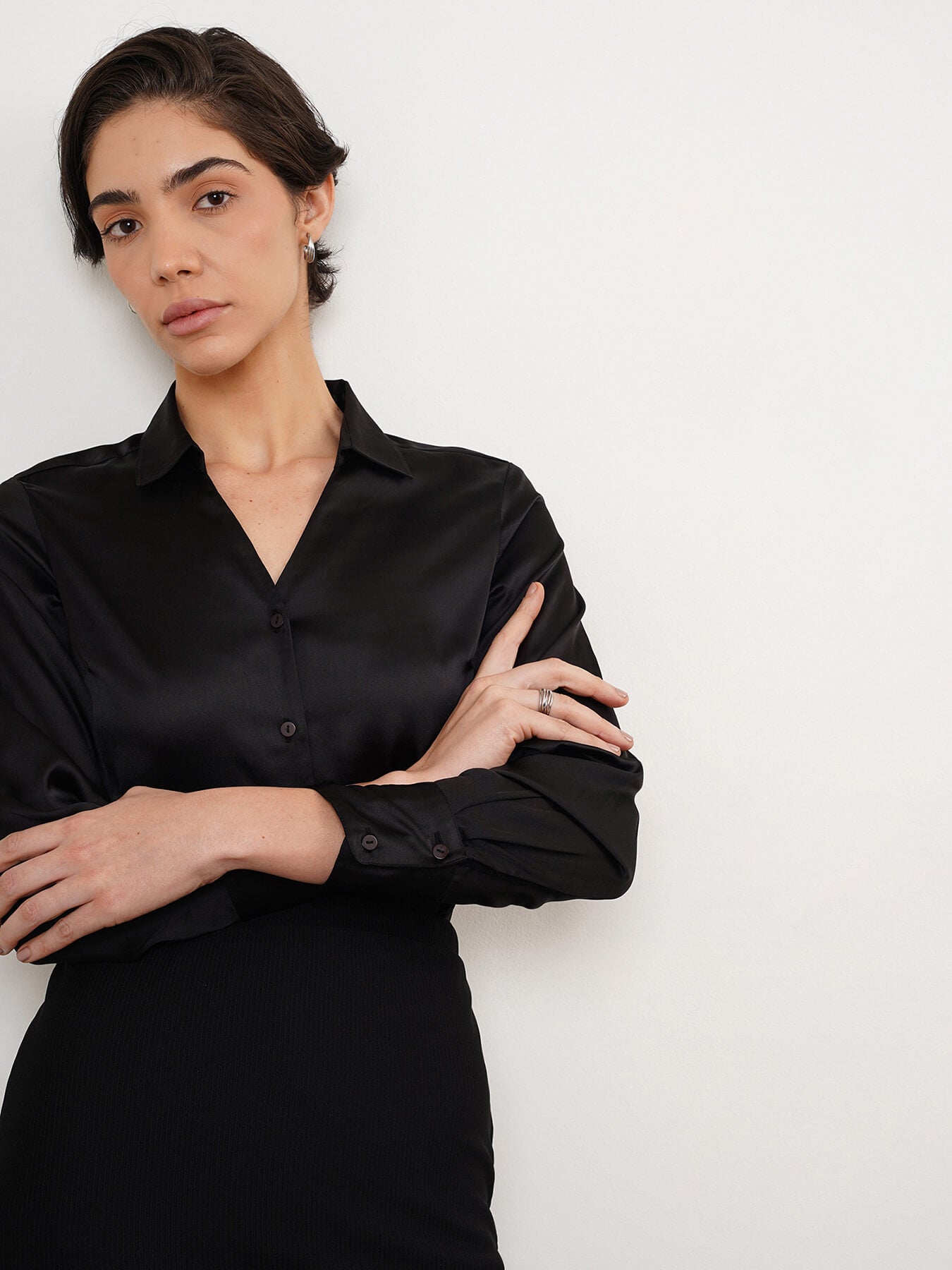 Satin Button-Down Shirt - Black