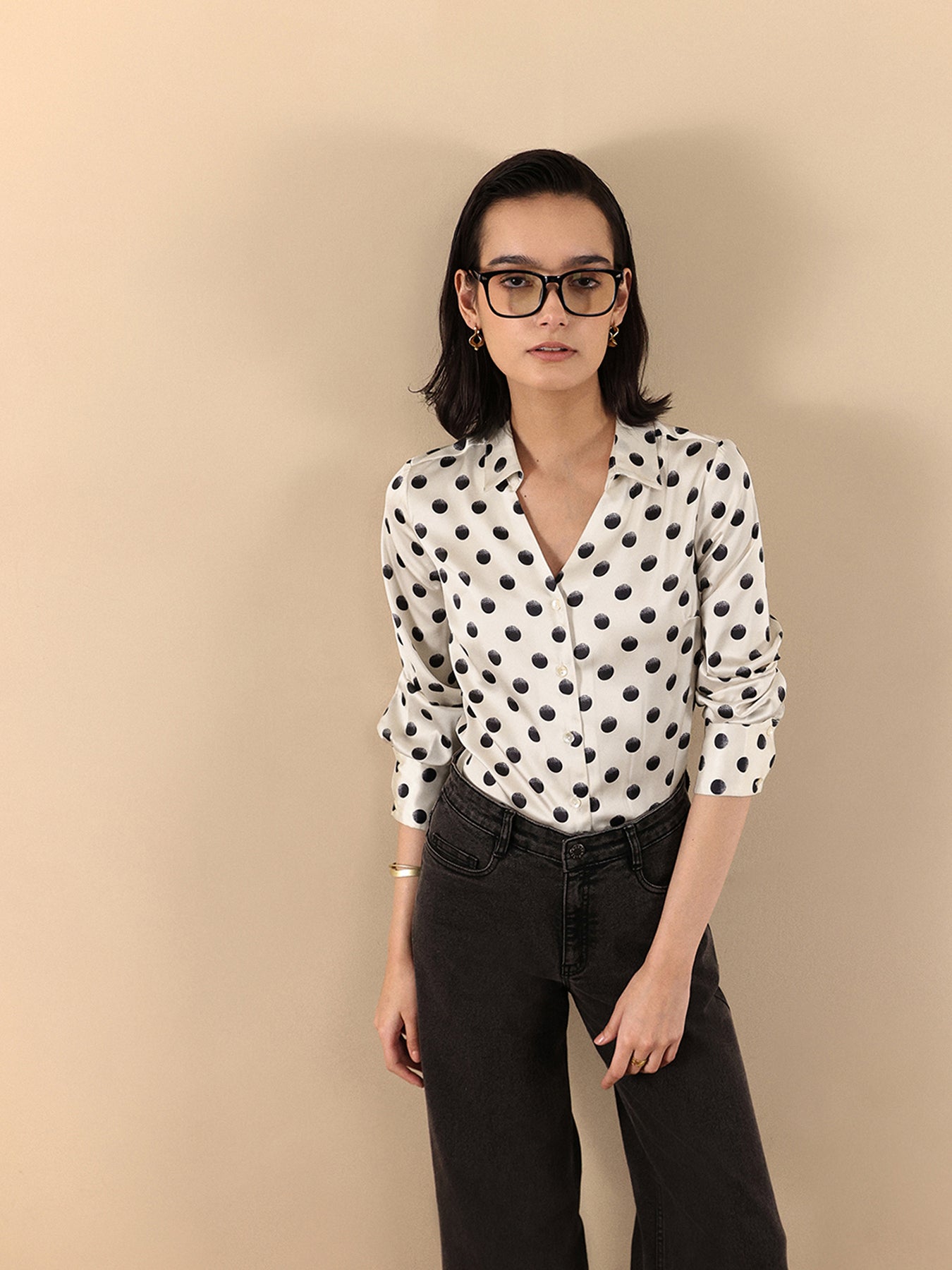 Satin Polka Dot Shirt - White And Black