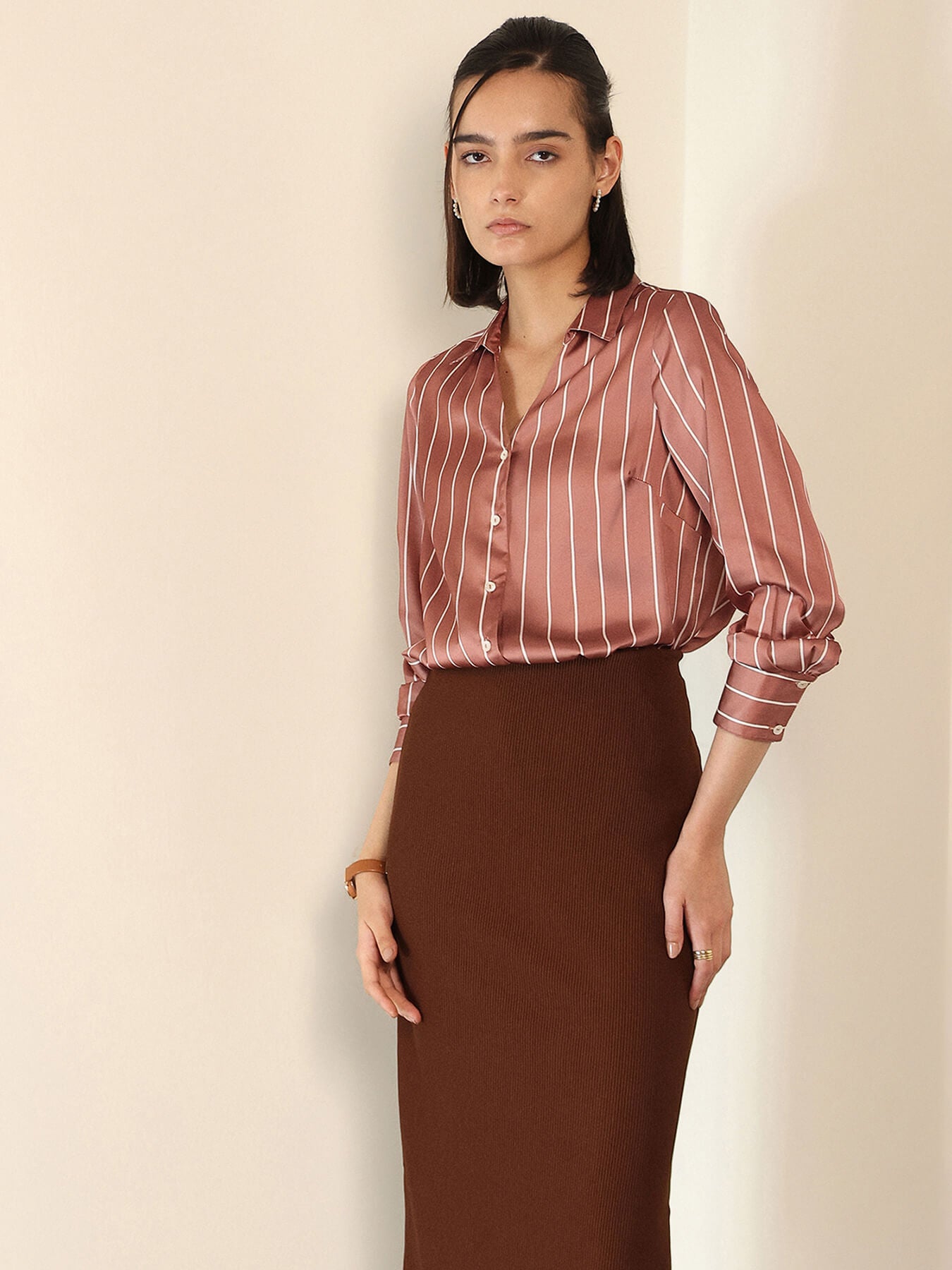 Satin Striped Shirt - Brown