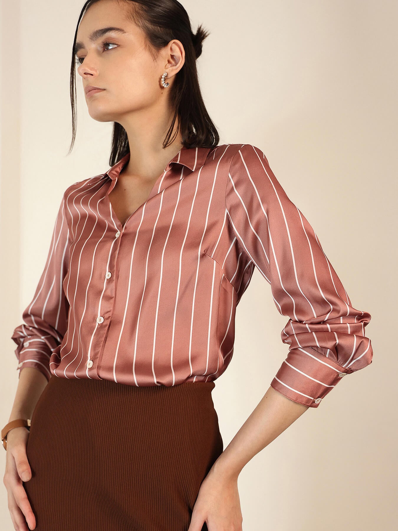 Satin Striped Shirt - Brown