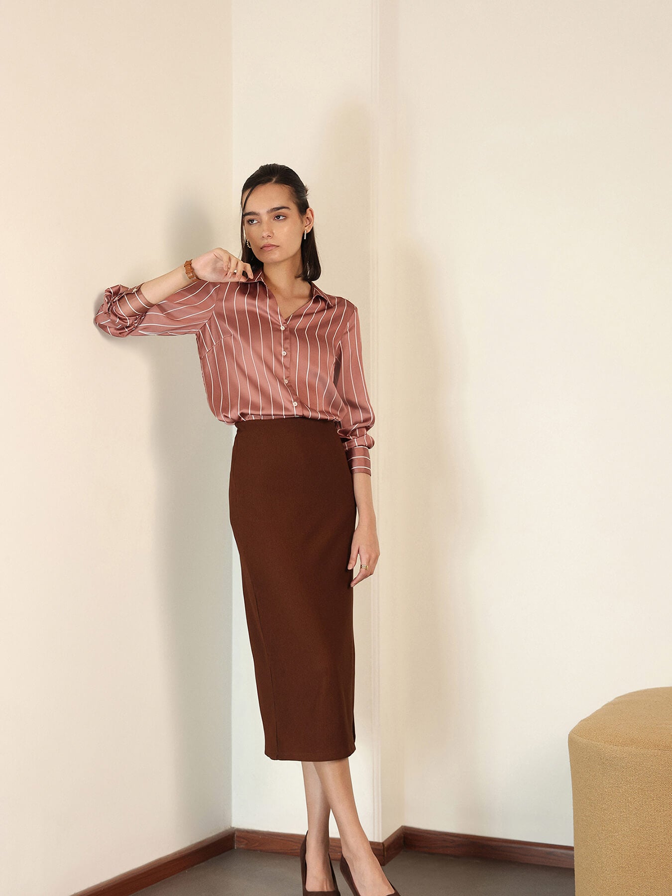 Satin Striped Shirt - Brown