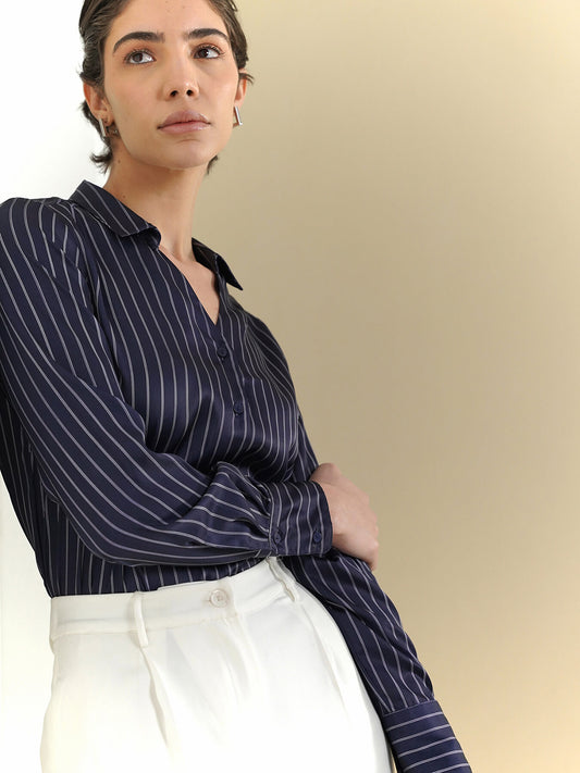 Satin Striped Shirt - Navy Blue