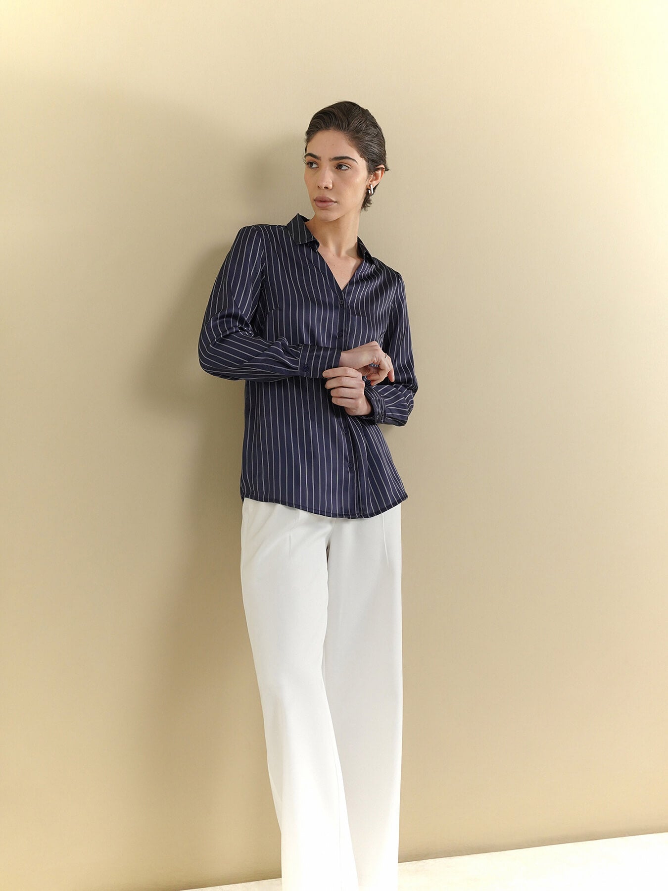 Satin Striped Shirt - Navy Blue