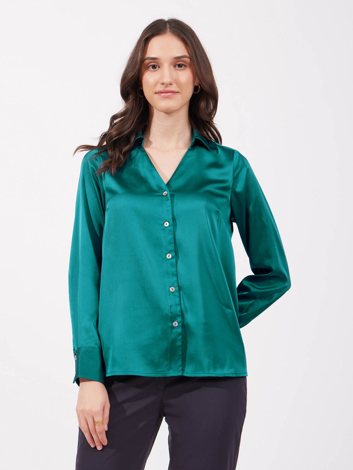 Satin Collared Neck Shirt - Teal