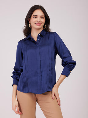 Satin Front Pleat Shirt - Navy