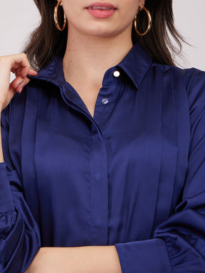 Satin Front Pleat Shirt - Navy