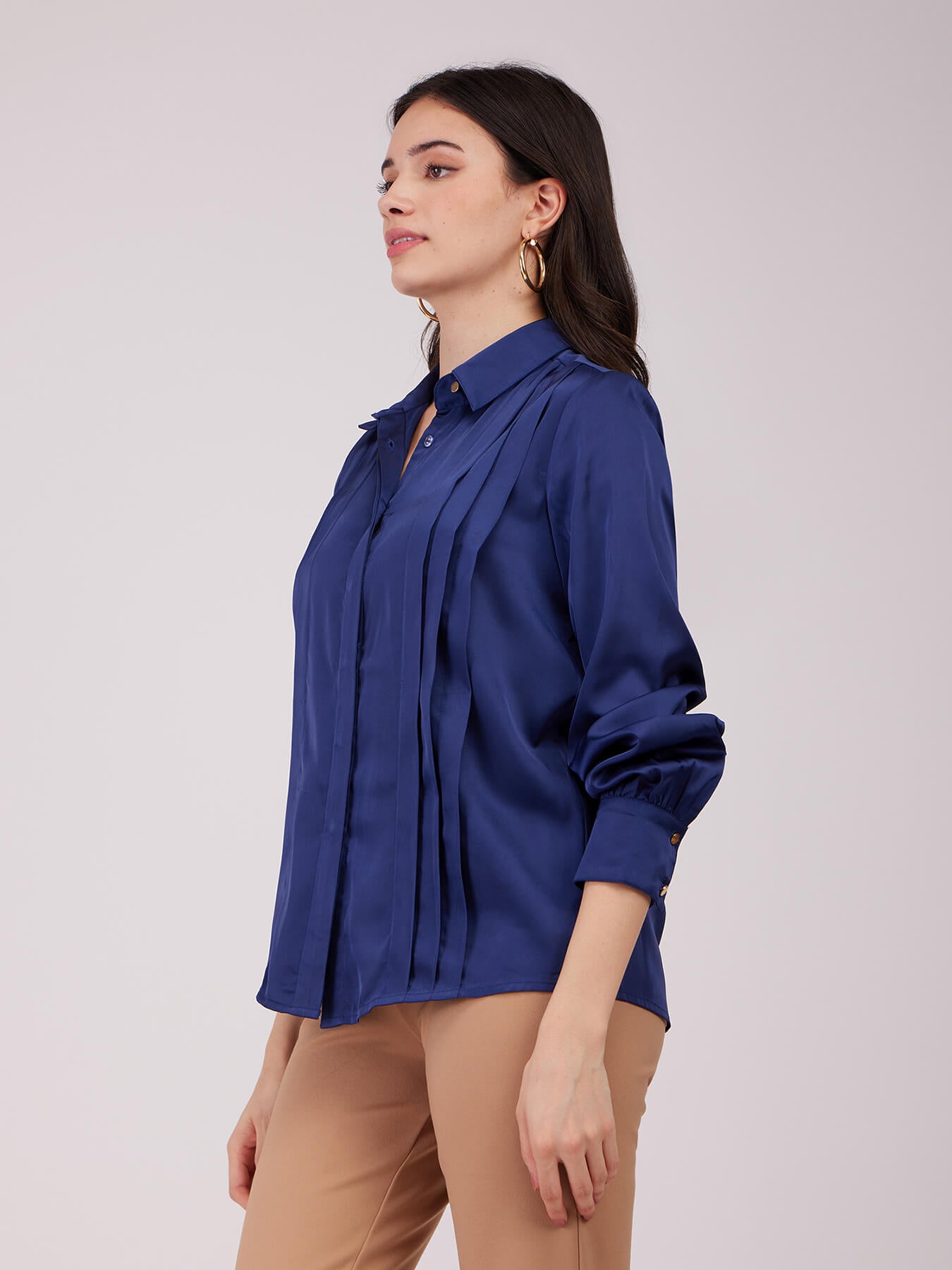 Satin Front Pleat Shirt - Navy