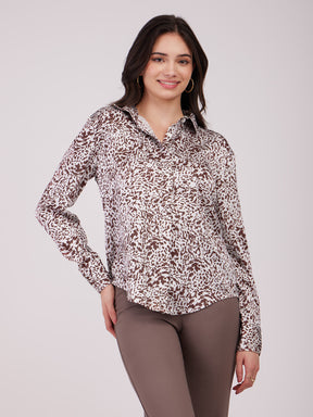 Satin Animal Print Shirt - White And Brown