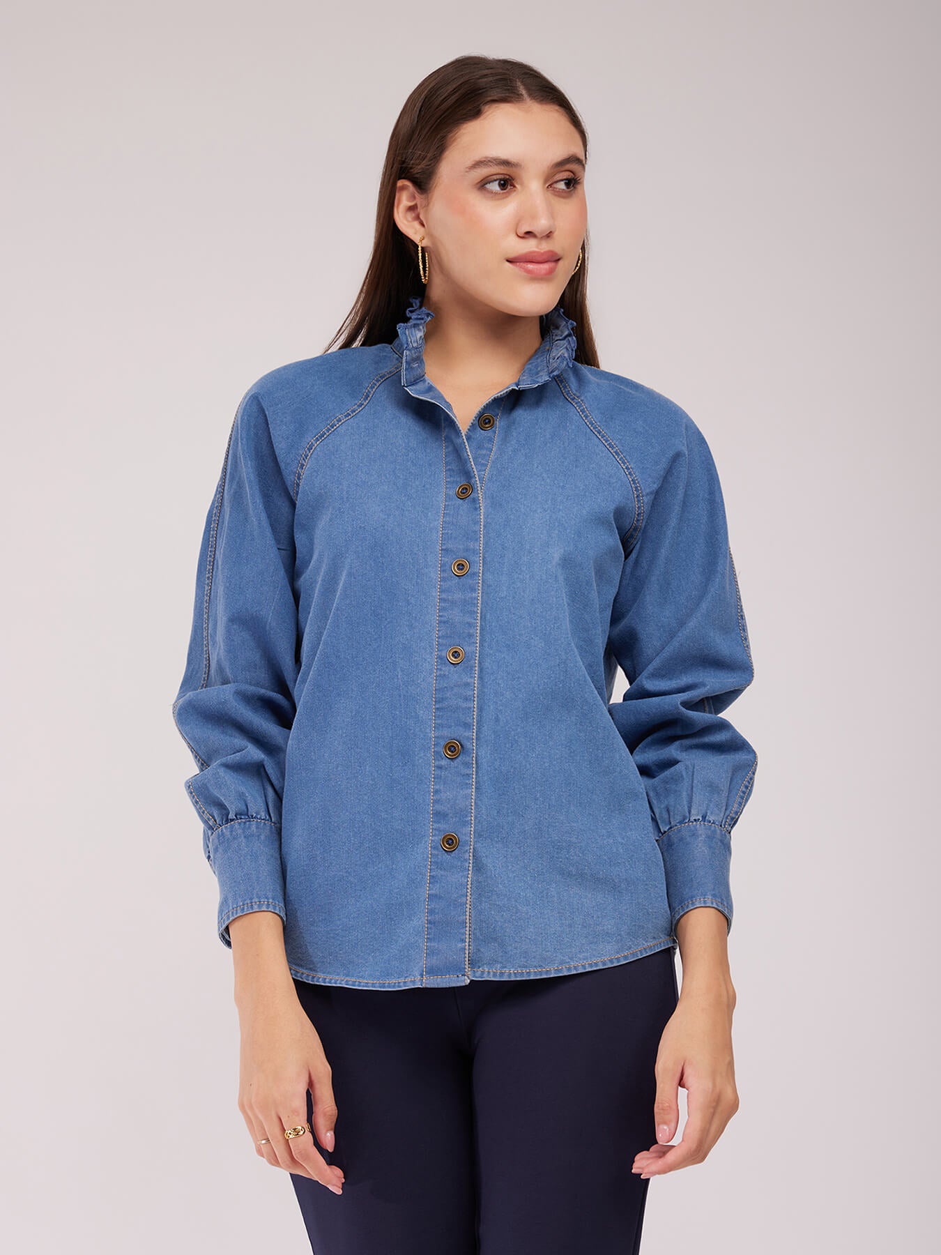 Ruffle Collar Denim Shirt - Blue