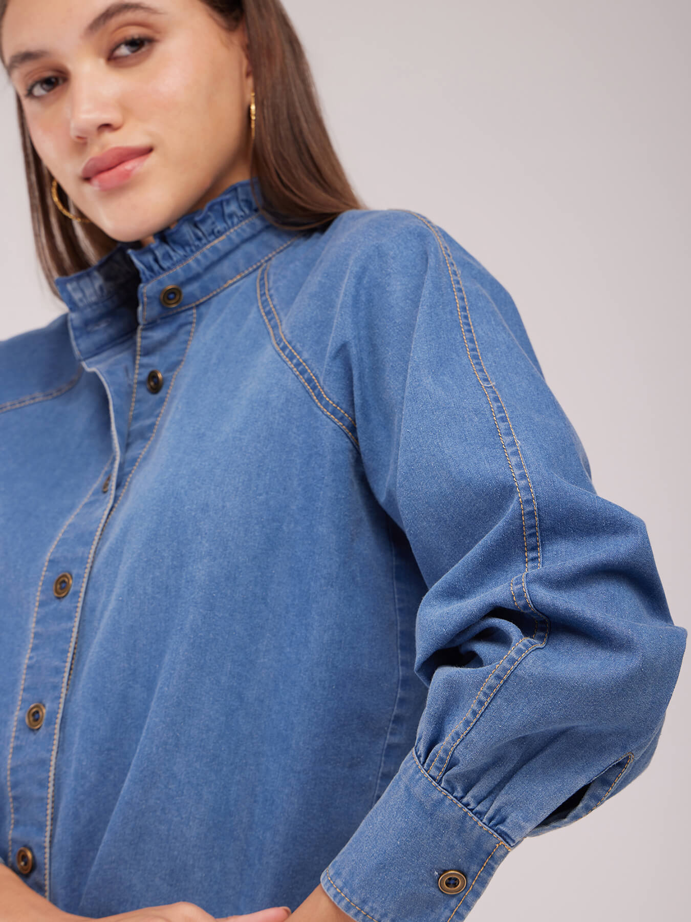 Ruffle Collar Denim Shirt - Blue