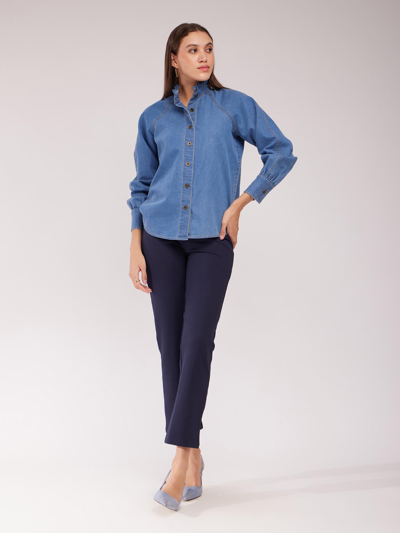 Ruffle Collar Denim Shirt - Blue