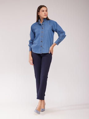 Ruffle Collar Denim Shirt - Blue