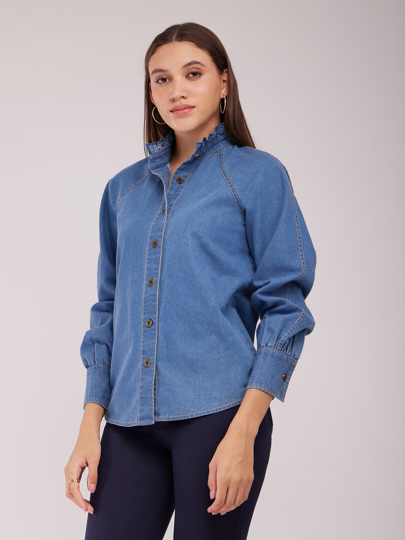 Ruffle Collar Denim Shirt - Blue