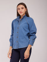 Ruffle Collar Denim Shirt - Blue