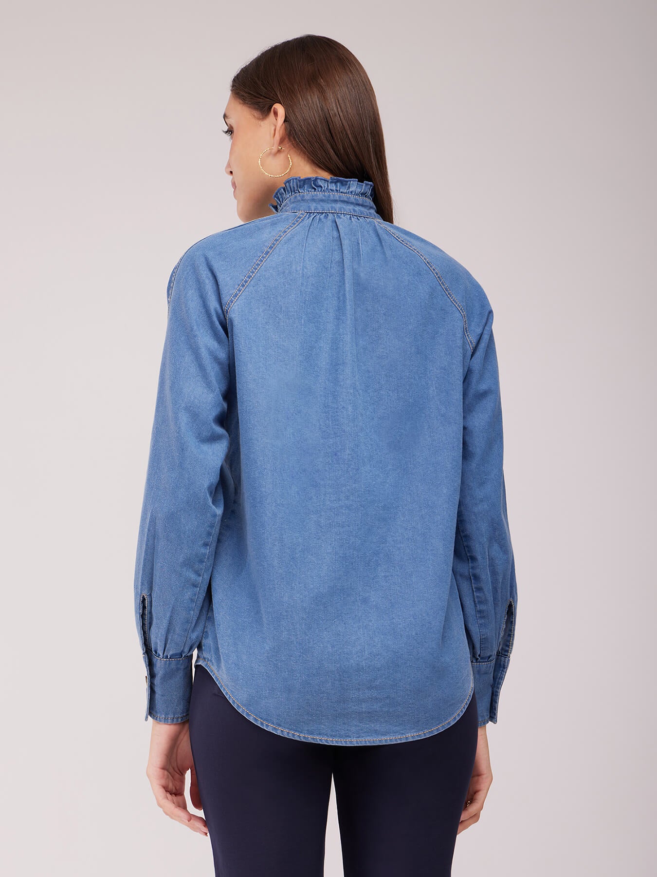 Ruffle Collar Denim Shirt - Blue