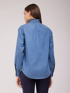 Ruffle Collar Denim Shirt - Blue