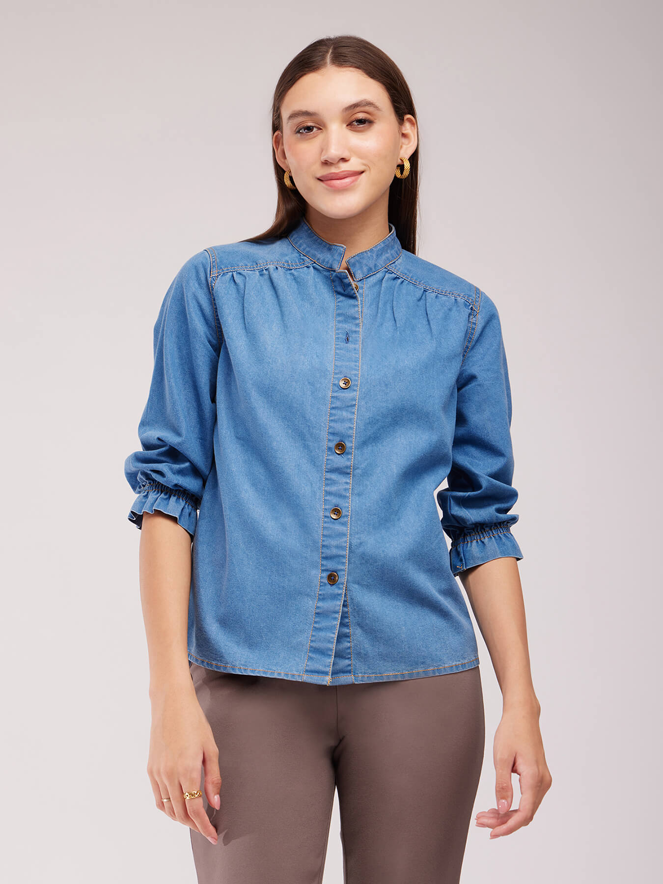 Mandarin Collar Denim Shirt - Blue