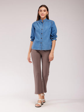 Mandarin Collar Denim Shirt - Blue