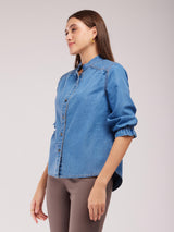 Mandarin Collar Denim Shirt - Blue