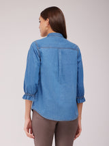 Mandarin Collar Denim Shirt - Blue