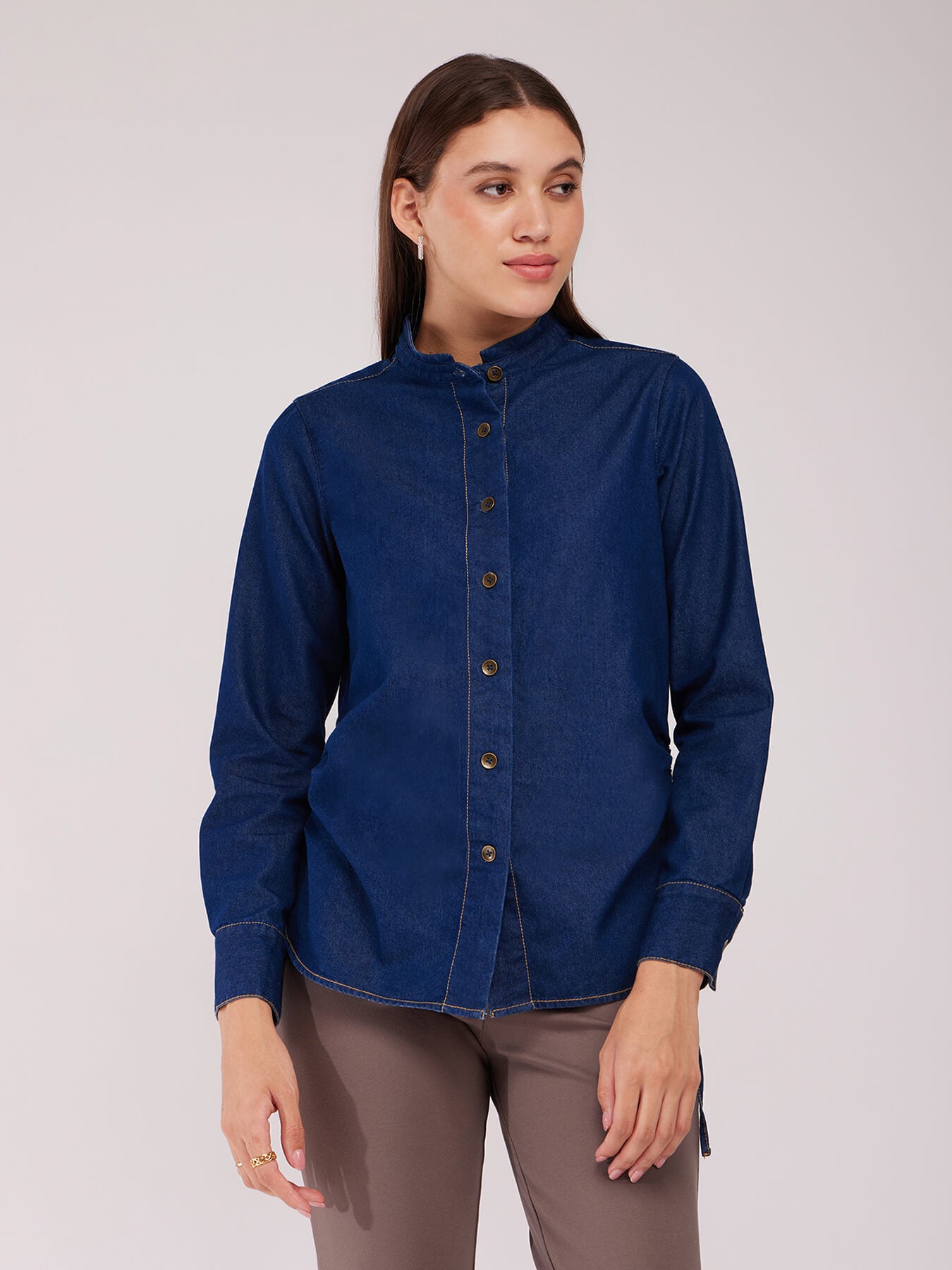 Mandarin Collar Denim Shirt - Navy Blue