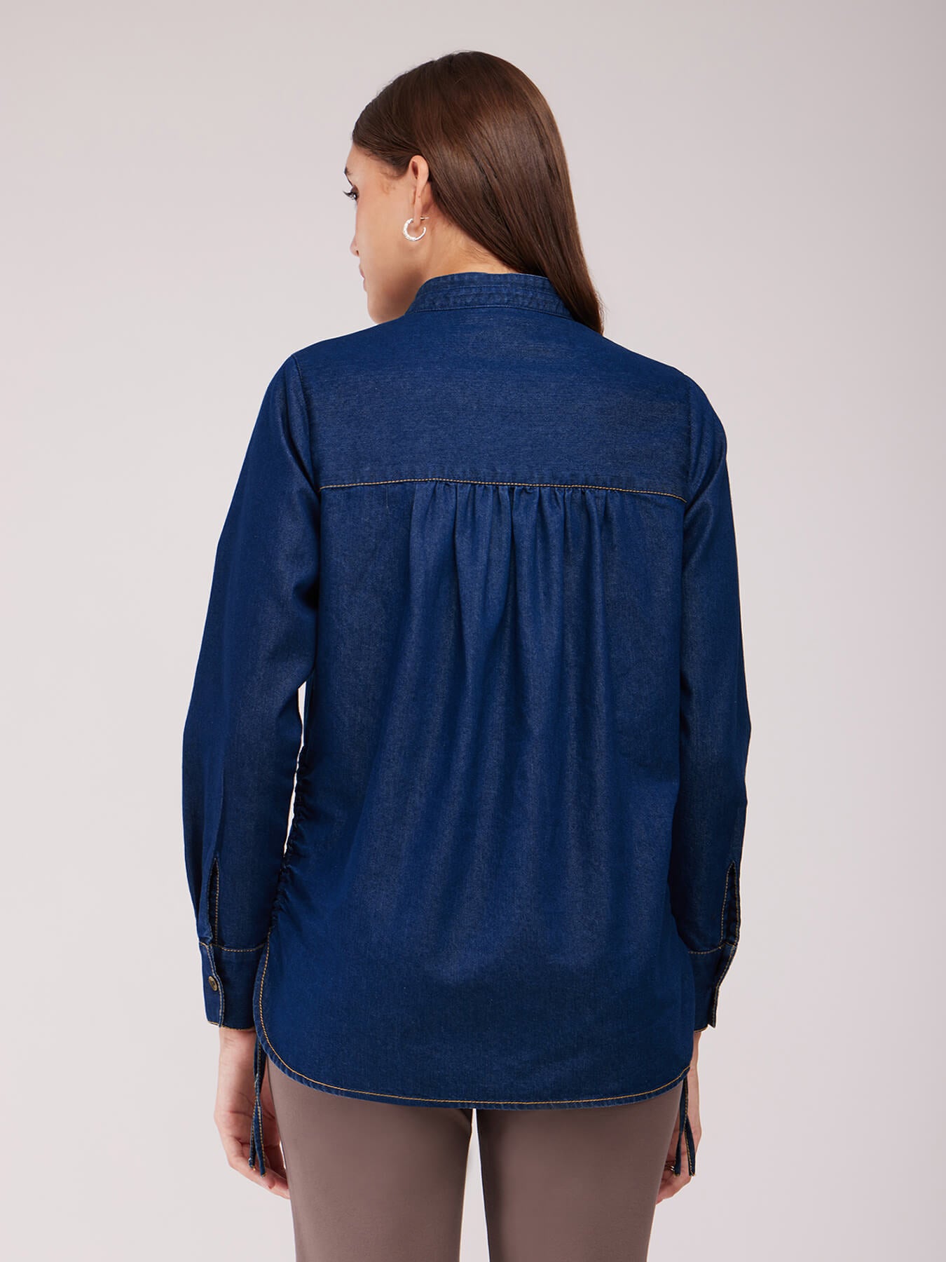 Mandarin Collar Denim Shirt - Navy Blue