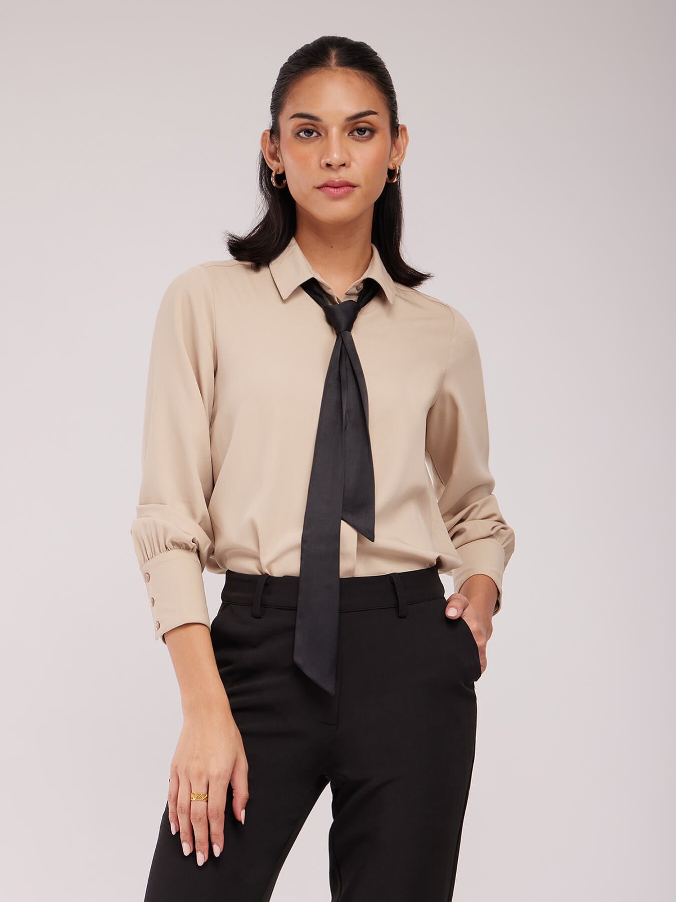 Contrast Tie-Up Shirt - Beige