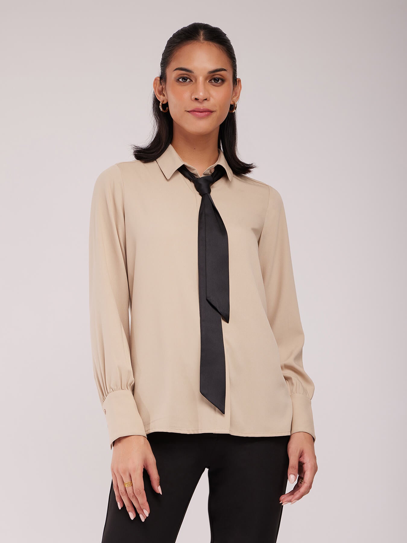 Contrast Tie-Up Shirt - Beige