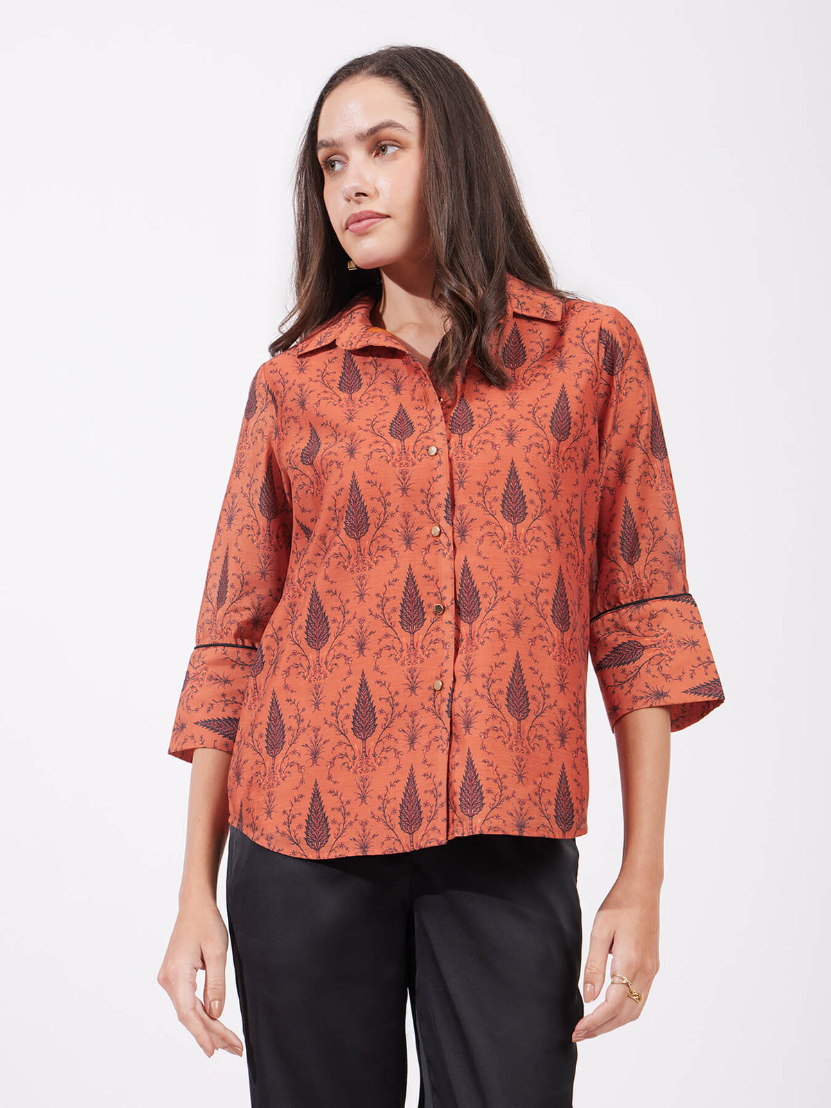 Chanderi Collared Neck Shirt - Rust And Black