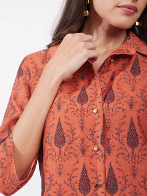 Chanderi Collared Neck Shirt - Rust And Black