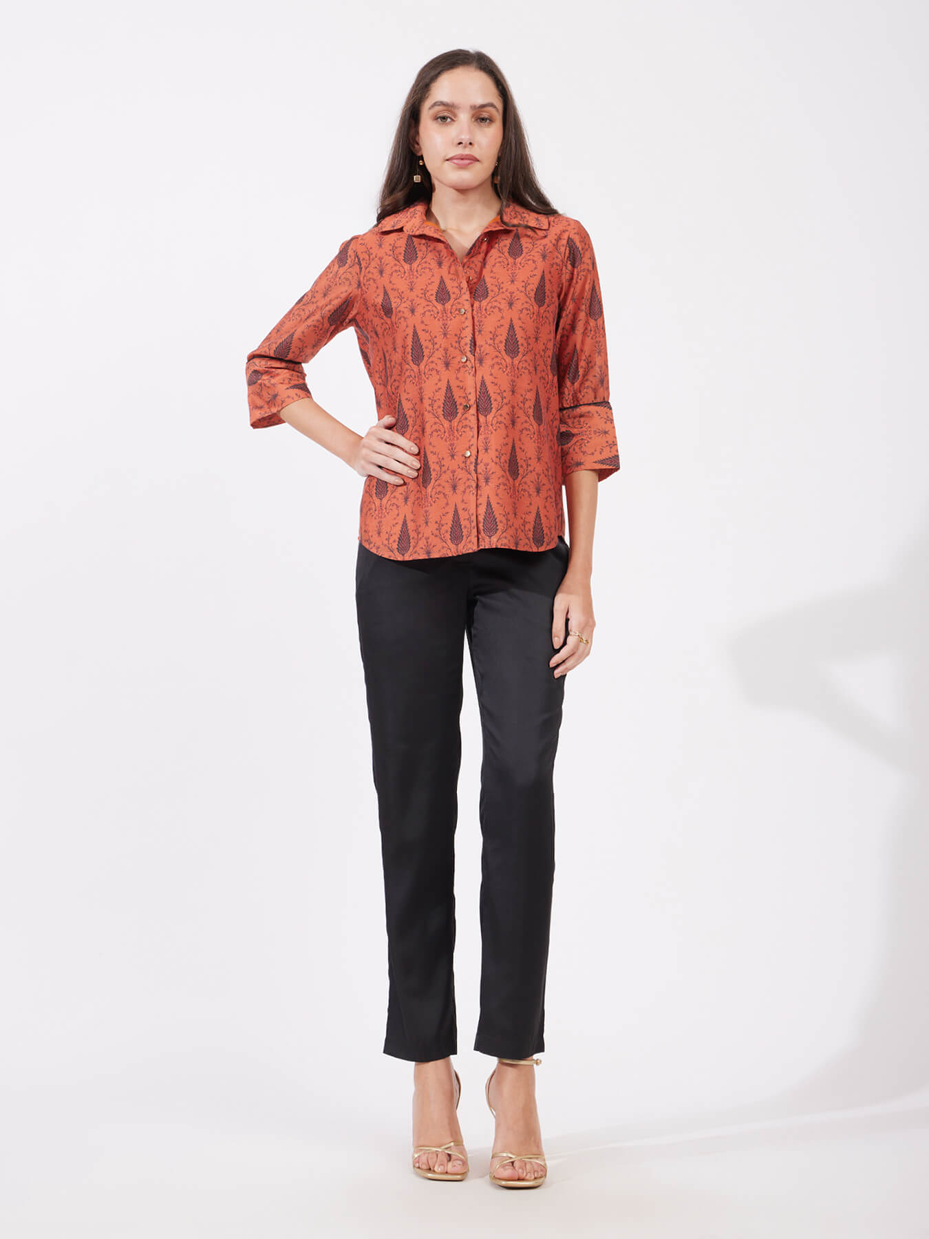 Chanderi Collared Neck Shirt - Rust And Black