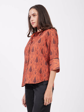 Chanderi Collared Neck Shirt - Rust And Black