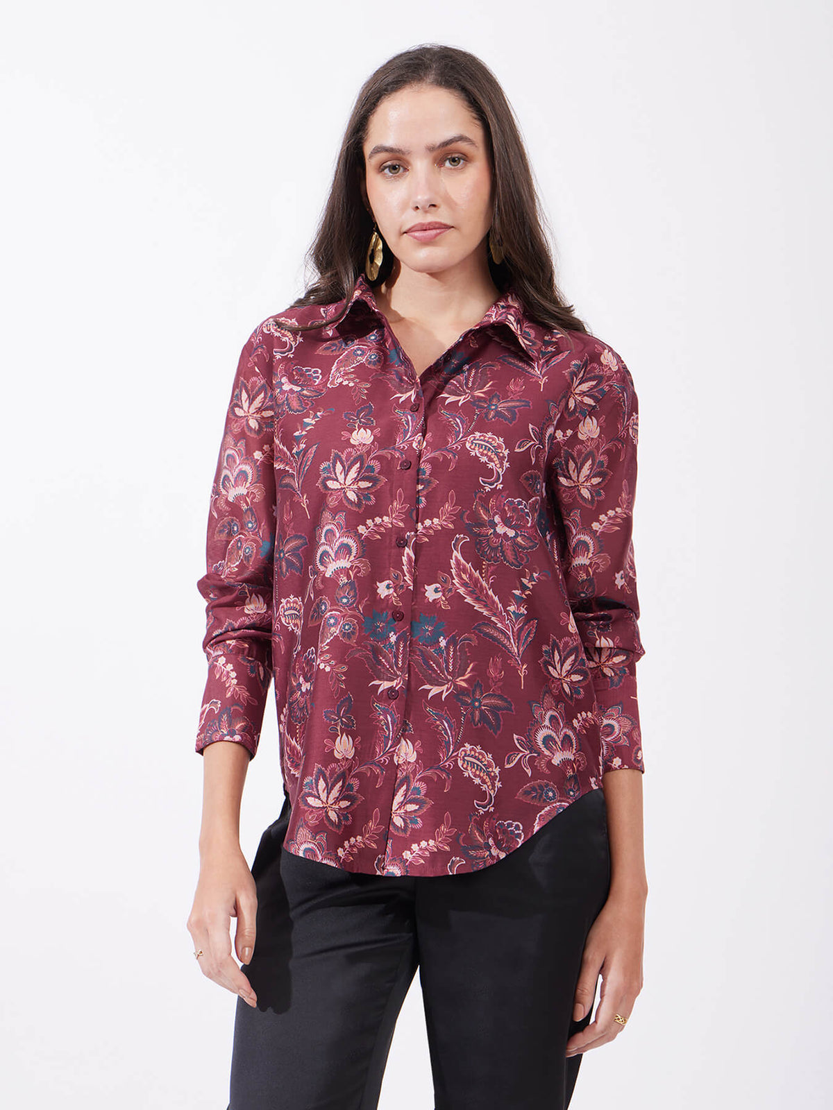 Chanderi Floral Shirt - Maroon